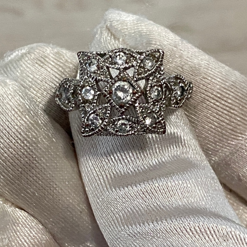 Silver Vintage Style Square Filigree Ring Floral & Crystals Marcasite Accents - Picture 5 of 16